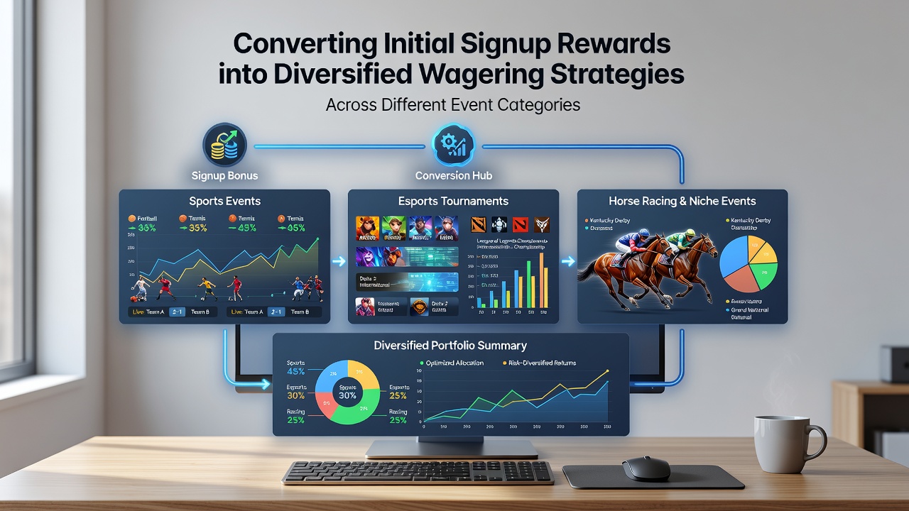 Infographic illustrating step-by-step conversion of signup rewards into bets across sports, racing, and casino event categories