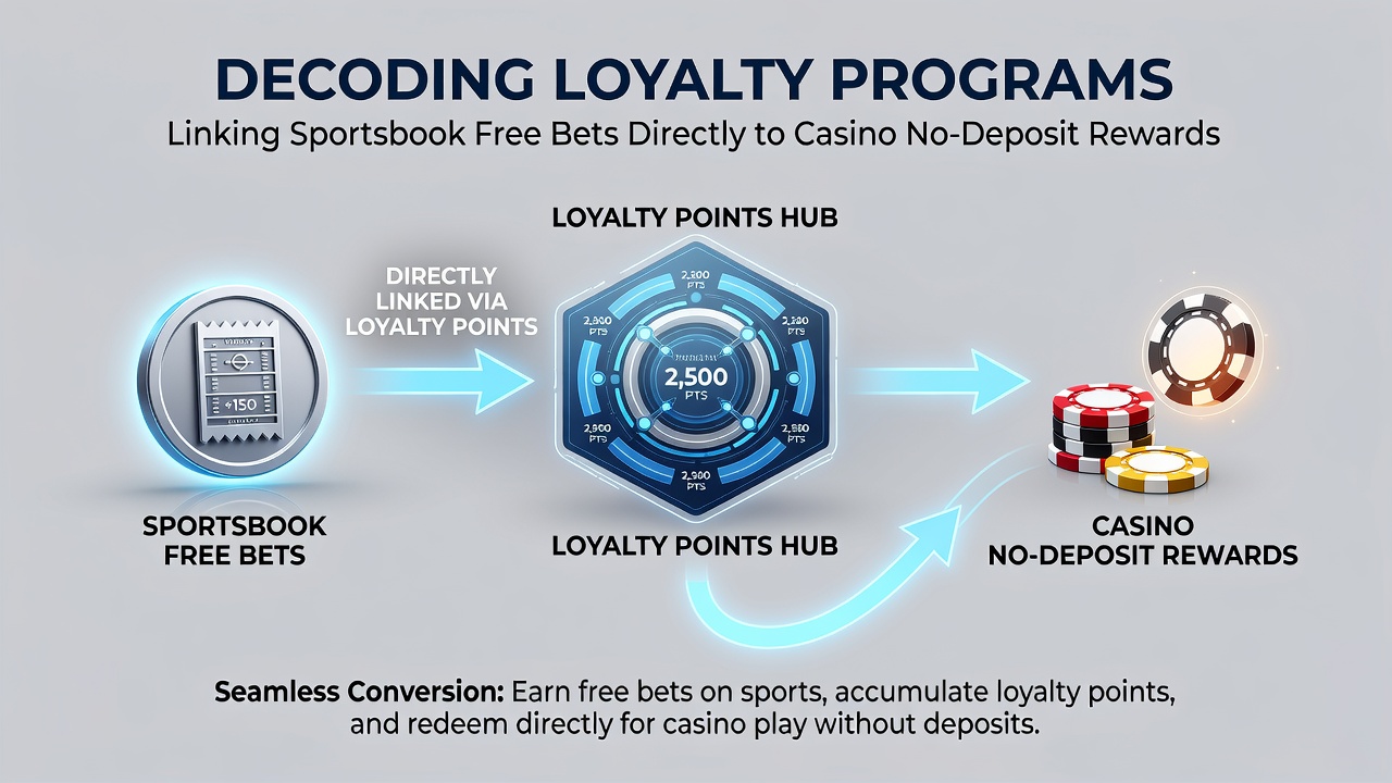 Flowchart diagram illustrating how sportsbook points convert into casino no-deposit rewards