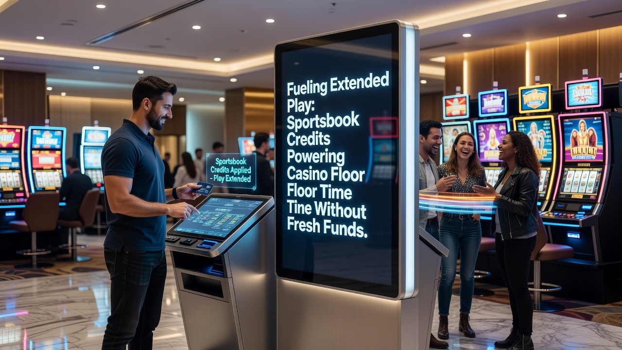 Casino floor scene with digital credit balance overlay on gaming terminals