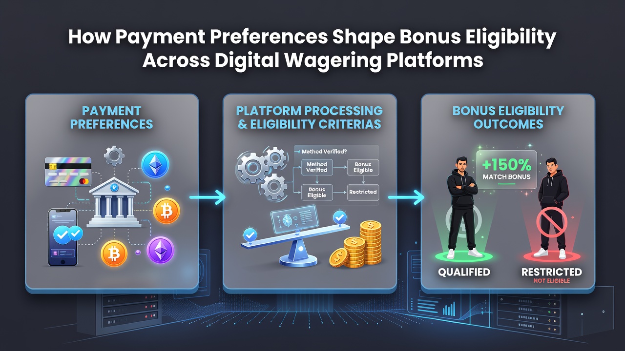 Illustration of payment flow between different methods and bonus activation stages on wagering platforms