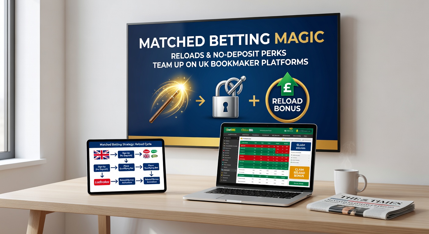 Screenshot of a UK bookmaker dashboard displaying active reload bonus notification next to a no-deposit free bet claim button, with matched betting calculator overlay