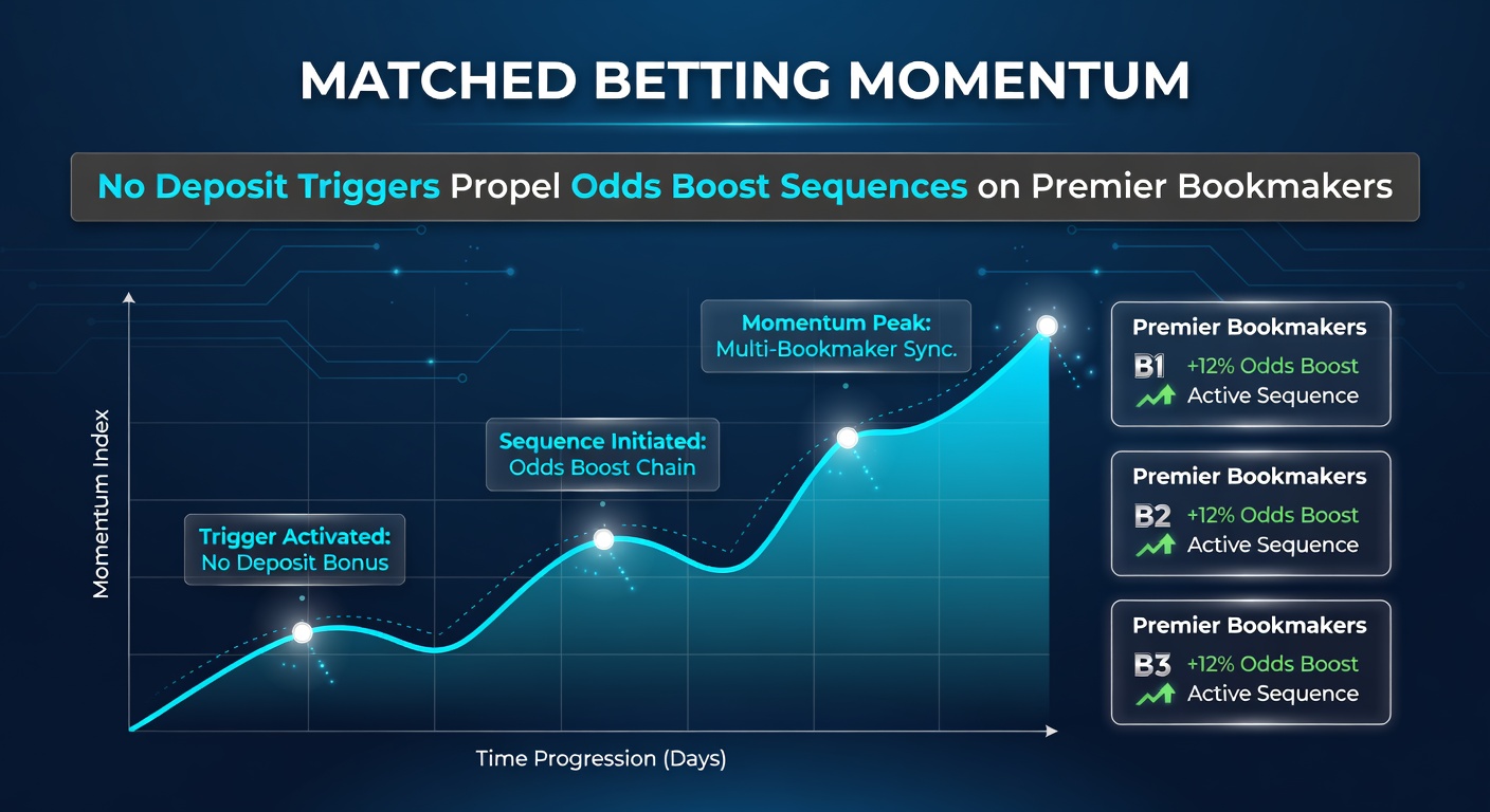 Illustration of a momentum-building flowchart: no-deposit bonuses flowing into consecutive odds boosts and profit extractions on leading betting sites