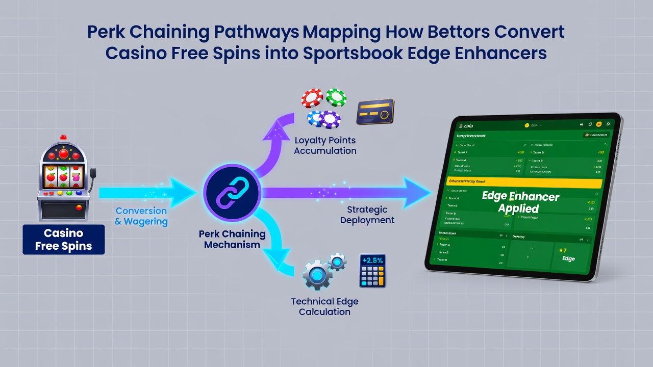 Flowchart illustrating multiple perk chaining routes between casino and sportsbook sections with conversion checkpoints