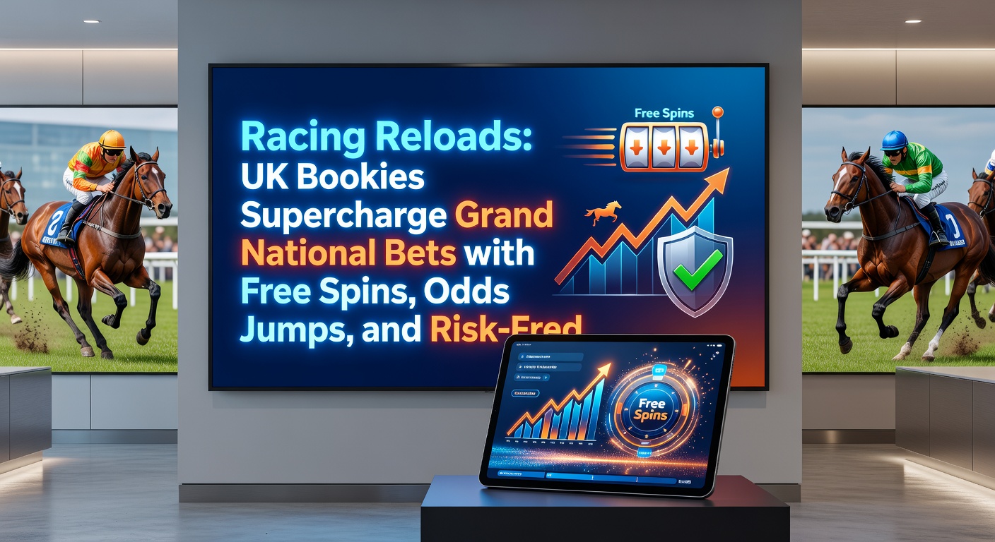 Close-up of a bookmaker's app screen displaying a reload bonus offer for Grand National, featuring odds boosts on key horses and free spin counters