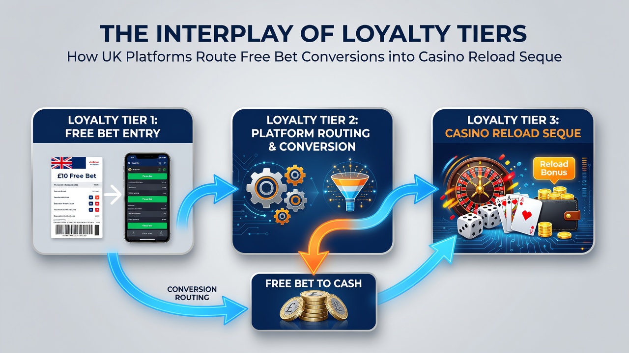 Flowchart illustrating loyalty tier progression from free bet conversion to casino reload activation on UK platforms